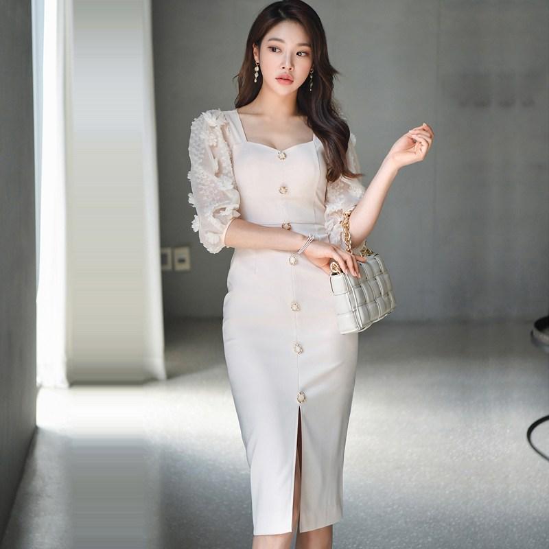 여성 겨울 하객룩 원피스 결혼식 정장 슬림 트렌치 베이지룩