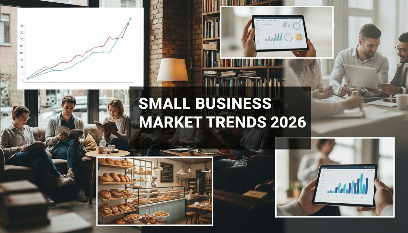 2026년 소상공인 시장 트렌드와 성장 그래프, 회의와 매장 풍경을 담은 콜라주 이미지