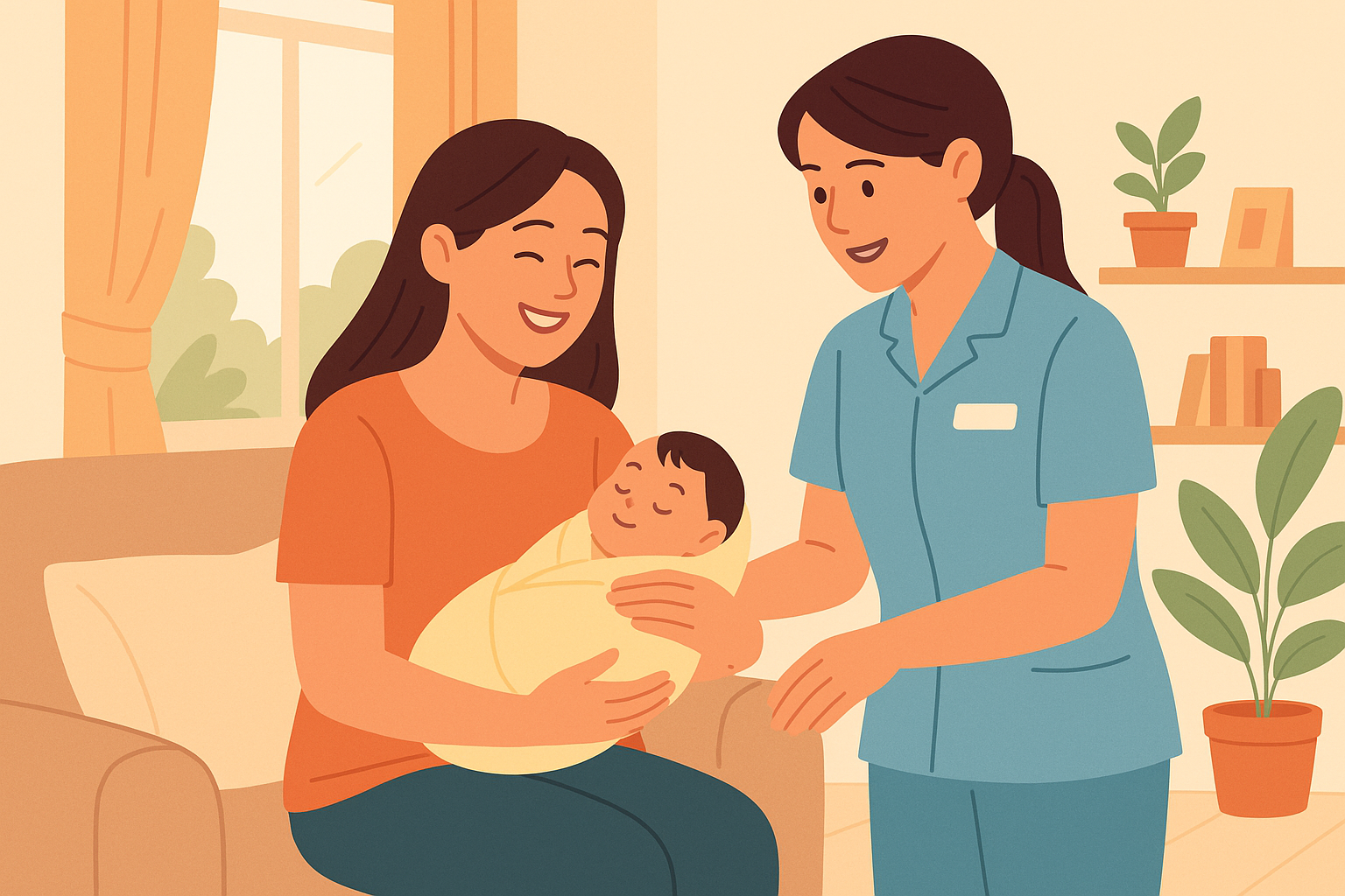 따뜻한 햇살 속 엄마와 간호사