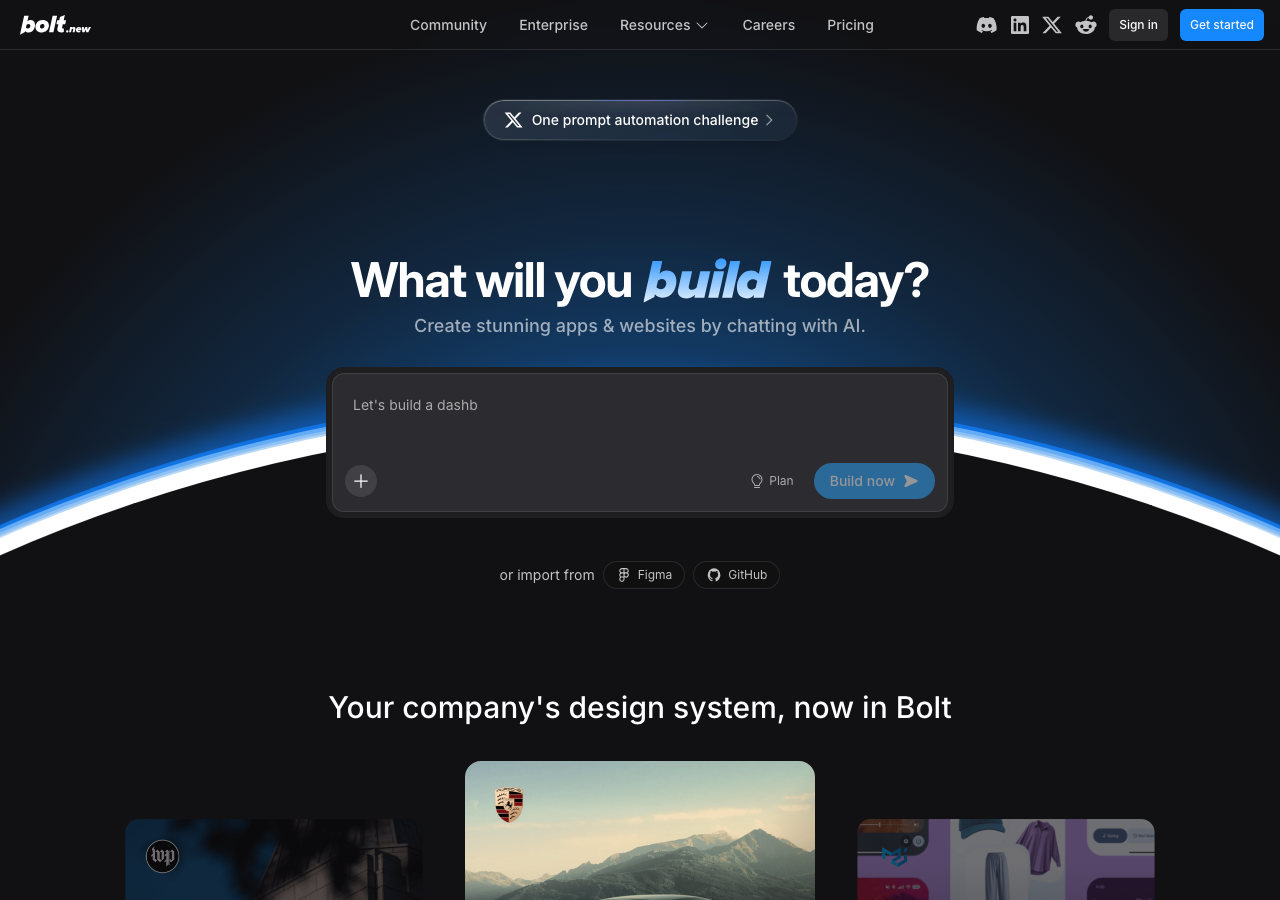 bolt.new AI 앱 빌더 메인 화면