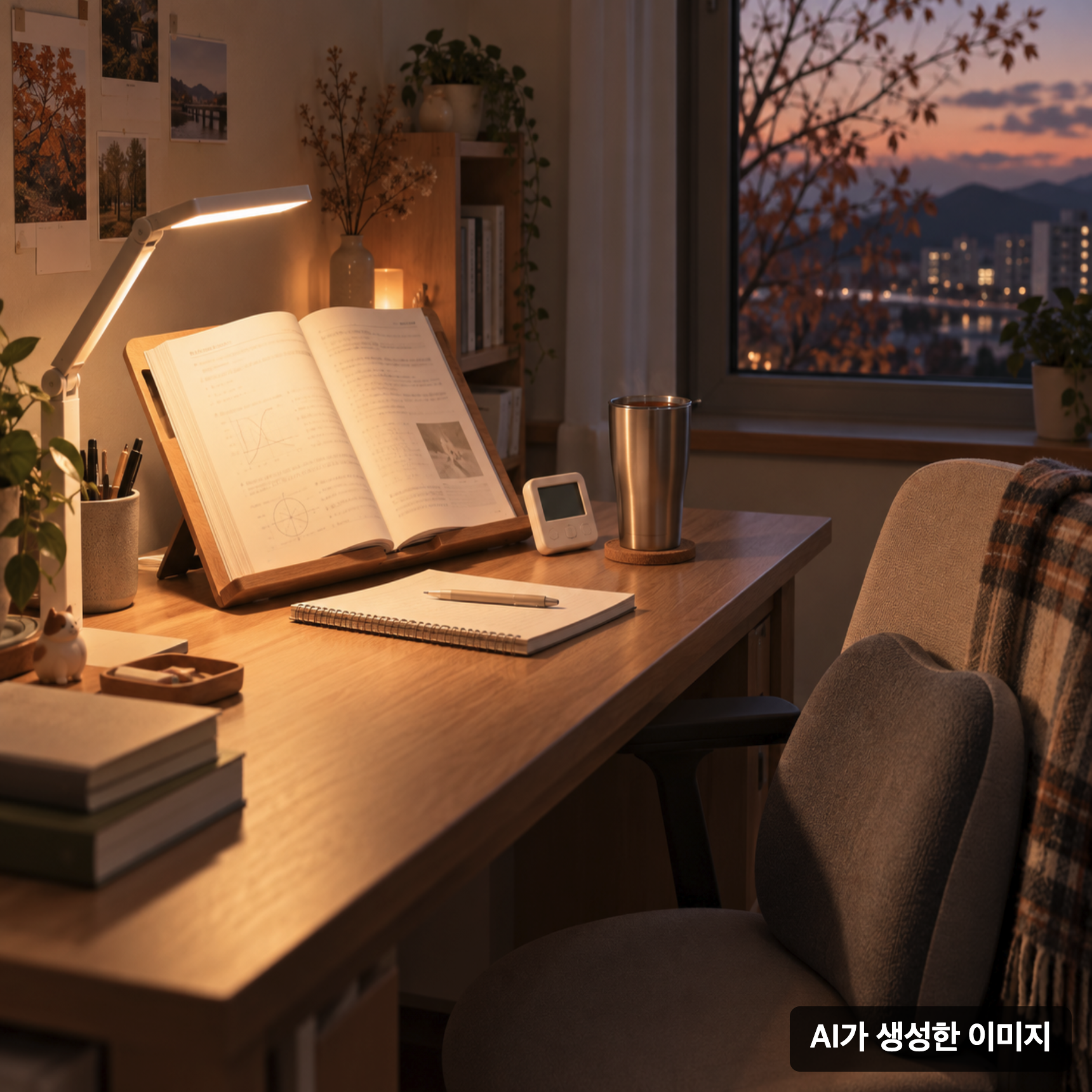 LED 스탠드와 독서대, 스터디 타이머를 놓은 수험생 공부 책상