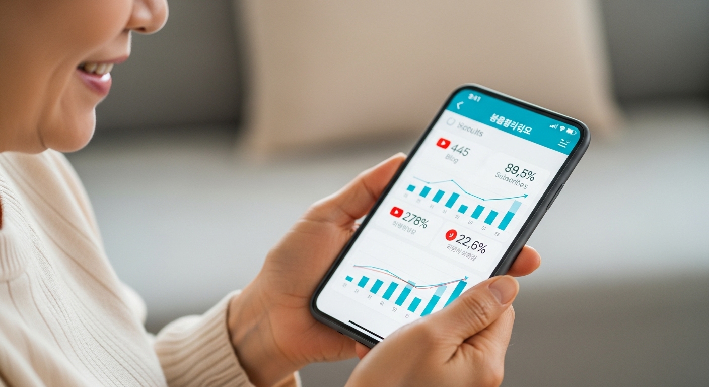 성공적으로 부업 수익을 확인하며 기뻐하는 50대 한국 여성의 손과 스마트폰 화면