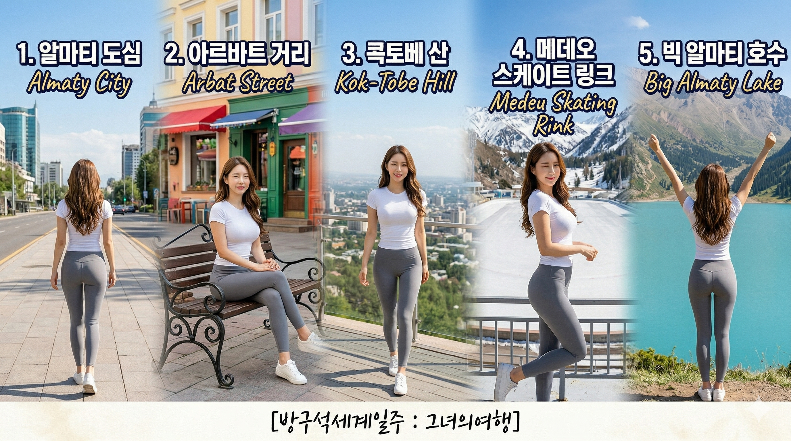 [카자흐스탄 여행코스] 1번부터 5번 명소까지의 압도적인 풍경(알마티, 아르바트, 콕토베, 메데오, 빅 알마티 호수)이 한데 어우러진 드림 패스 요약 이미지. 주인공이 각 장소에 맞춘 다양한 포즈(걸어가고, 앉아있고, 걸어오고, 장난치고, 만세)를 취하며 여행의 즐거움을 전하는 모습. 흰색 타이트 반팔과 그레이 레깅스 착용.