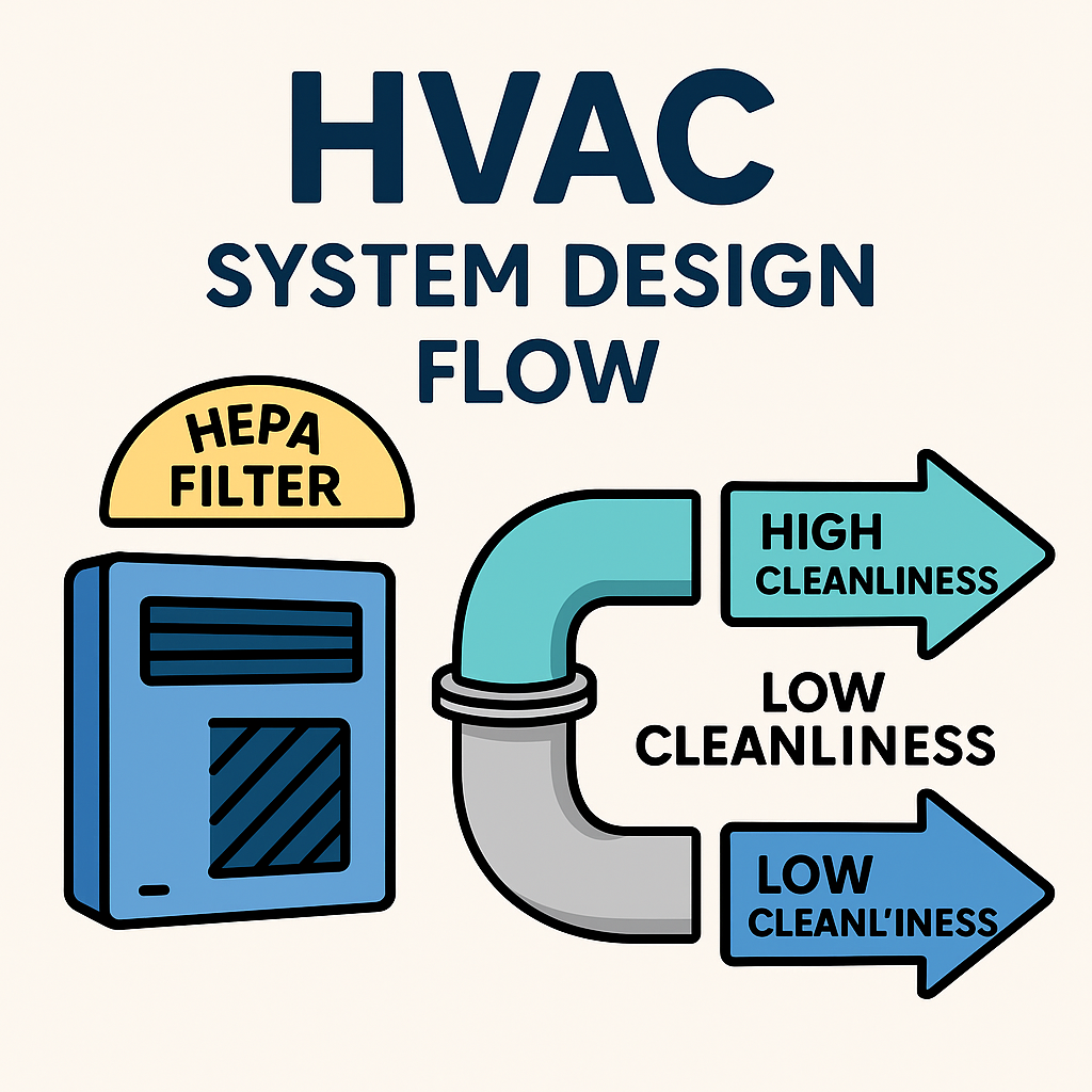 HVAC system design infographic showing HEPA filter and airflow from high to low cleanliness