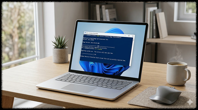 윈도우 PowerShell에서 시스템 복구 명령을 실행하는 모습