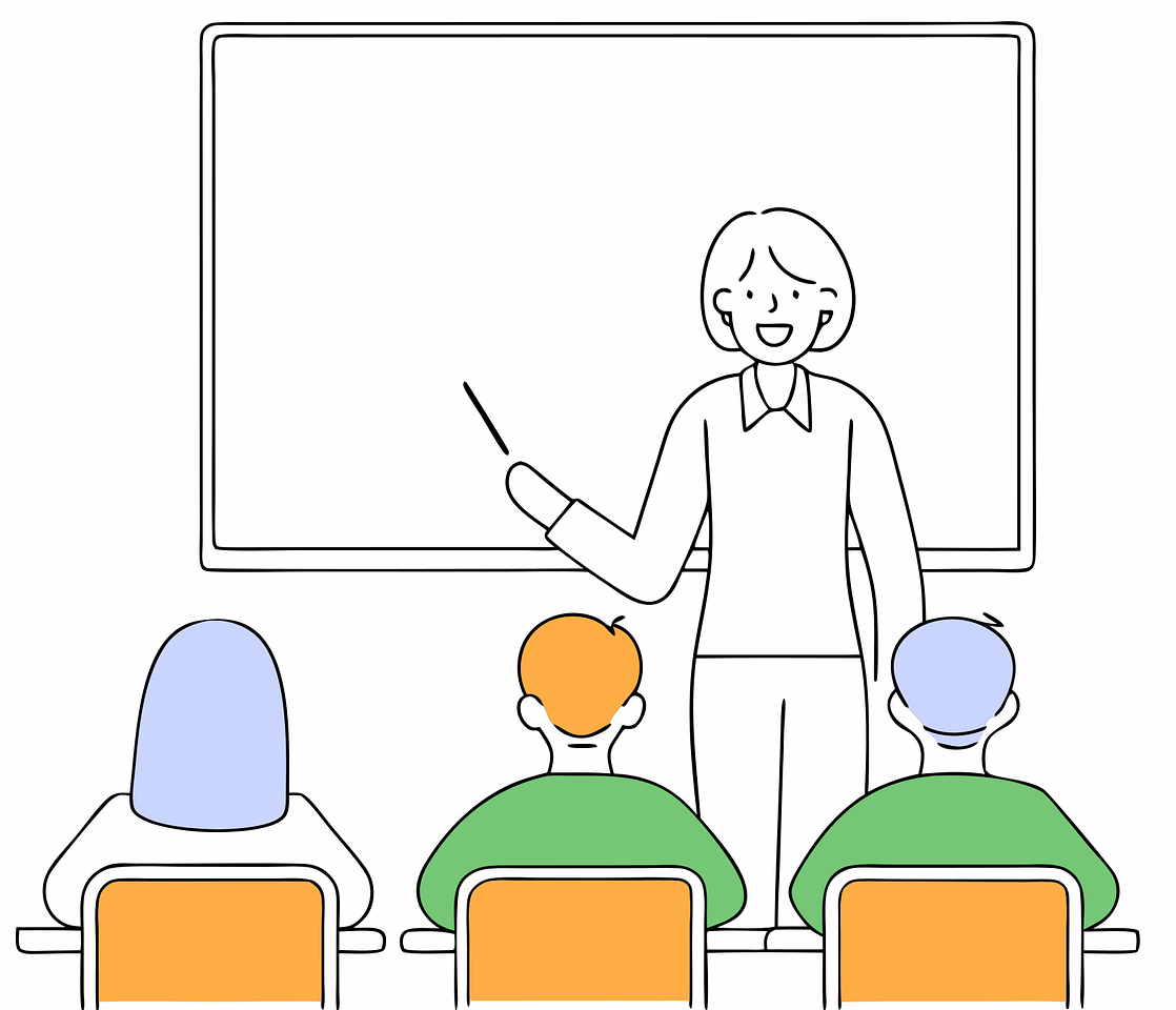 교실에서 수업하는 선생님과 수업을 듣는 학생들의 모습