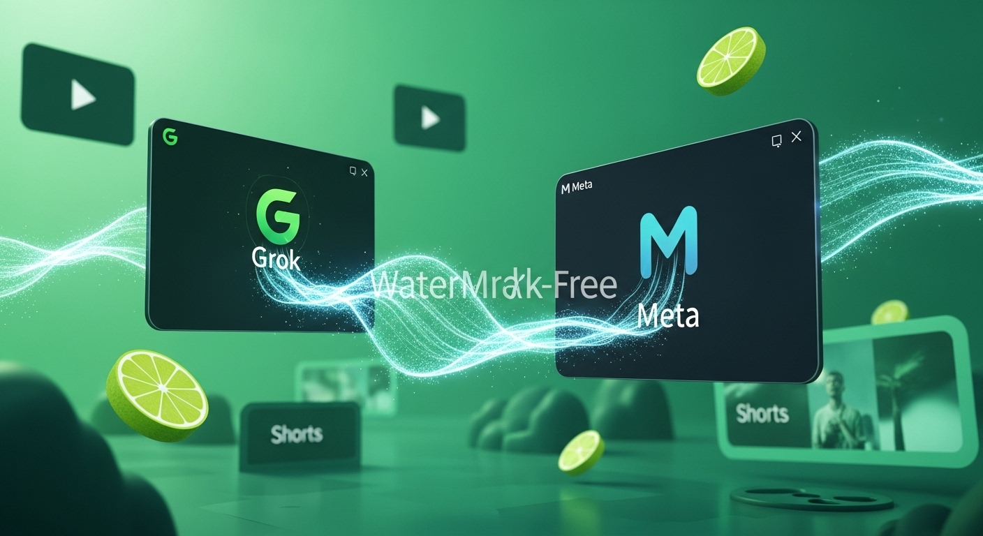 초록색 배경에서 워터마크 없이 AI 영상을 생성하는 Grok AI와 Meta AI 인터페이스. 미래 지향적인 디지털 화면들이 다양한 영상 콘텐츠를 무제한으로 만들어내는 모습을 표현하며, AI 비디오 제작의 자유로움과 혁신을 시사합니다.