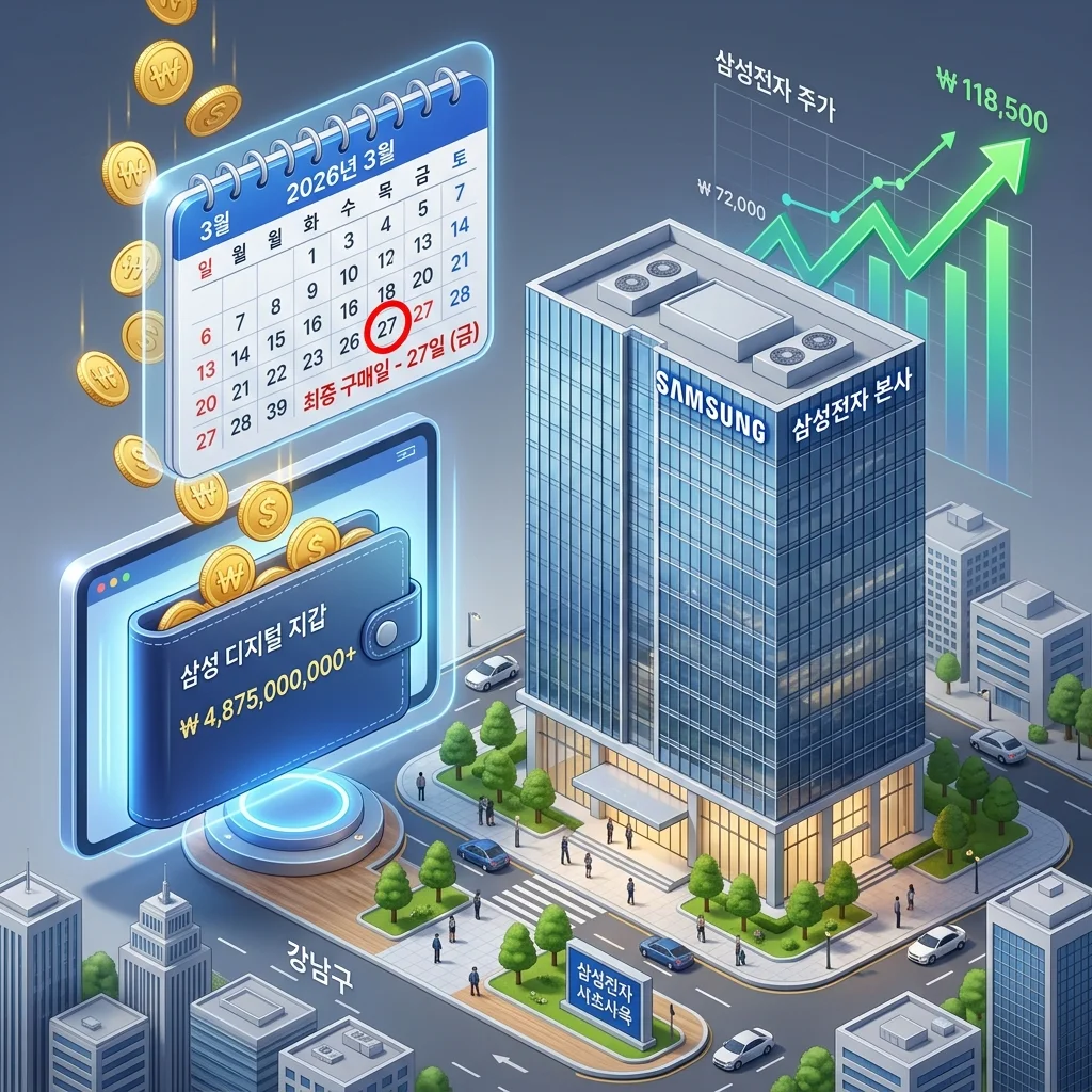2026년 삼성전자 1분기 배당 일정과 주식 매수 마감일을 설명하는 입체 일러스트