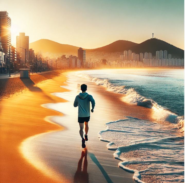 해변에서 조깅하는 모습