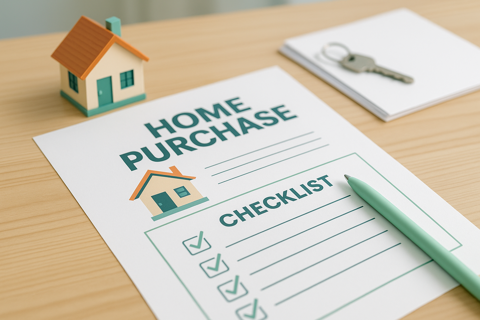 Close-up of housing ownership documents and a checklist on a wooden table, bright modern style