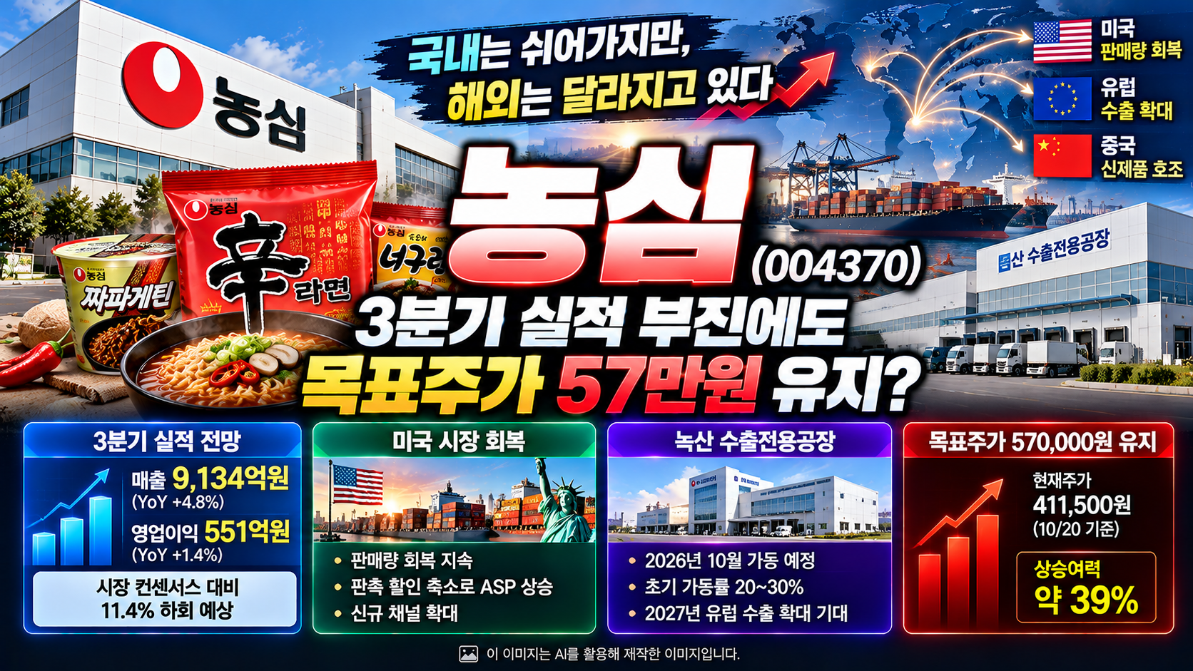 농심(004370) 기업분석, 2026년 3분기 매출 9,134억원과 영업이익 551억원 전망, 미국 라면 판매량 회복과 녹산 수출전용공장을 통한 유럽 시장 확대, 목표주가 57만원 유지 및 해외 성장 가능성 분석
