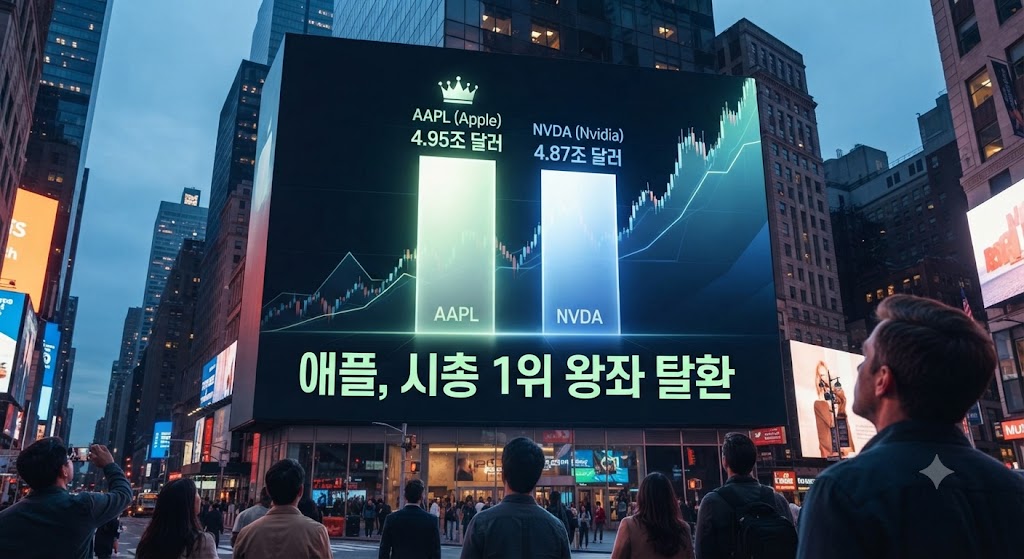 애플이 엔비디아를 제치고 시가총액 1위에 다시 올라서는 순간을 포착했습니다. 월스트리트의 대형 전광판을 배경으로, 애플의 로고(AAPL)가 엔비디아의 로고(NVDA)를 근소한 차이로 앞지르는 그래픽을 보여줍니다. 애플 로고에는 왕관이 씌워져 있고, 하단에는 '시총 1위 탈환'이라는 한글 텍스트와 함께 축하의 불꽃이 터지고 있습니다.