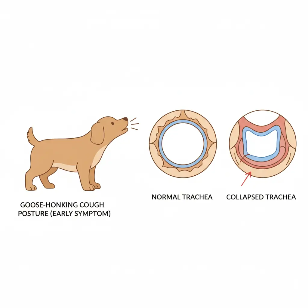 강아지 기관지 협착증(Tracheal Collapse) 초기 증상으로 나타나는 거위 울음소리 기침 자세와 정상/협착된 기관지 비교