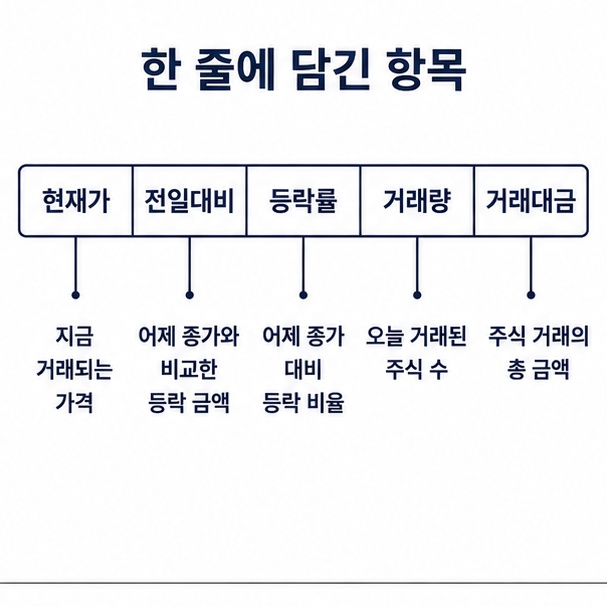 전광판 한 줄에 담긴 항목, 현재가와 전일대비, 등락률, 거래량, 거래대금을 가로로 나눠 설명한 도해