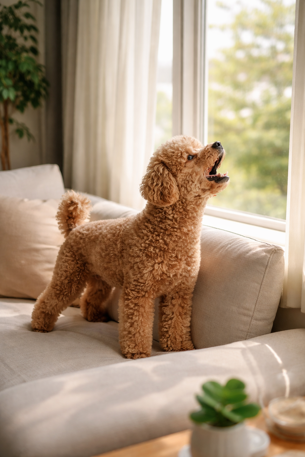 조용한 거실에서 창문을 바라보며 짖는 강아지