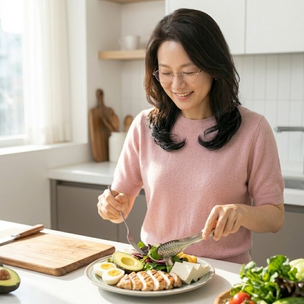닭가슴살, 두부, 달걀 등 단백질이 풍부한 식단을 주방에서 준비하며 밝게 웃고 있는 중년 여성의 모습