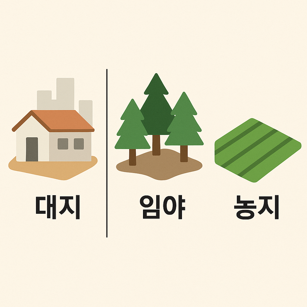 대지, 임야, 농지 이렇게 3가지를 나누어 표현한 이미지