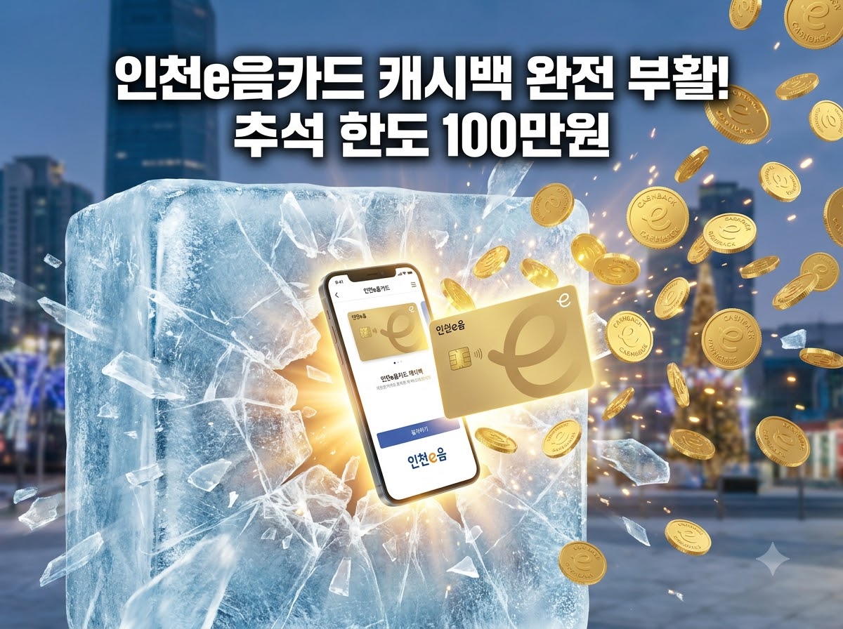 얼음을 깨고 나오는 인천 이음카드와 쏟아지는 동전을 배경으로 캐시백 전격 부활 및 추석 한도 100만 원 상향 소식을 알리는 블로그 썸네일 이미지