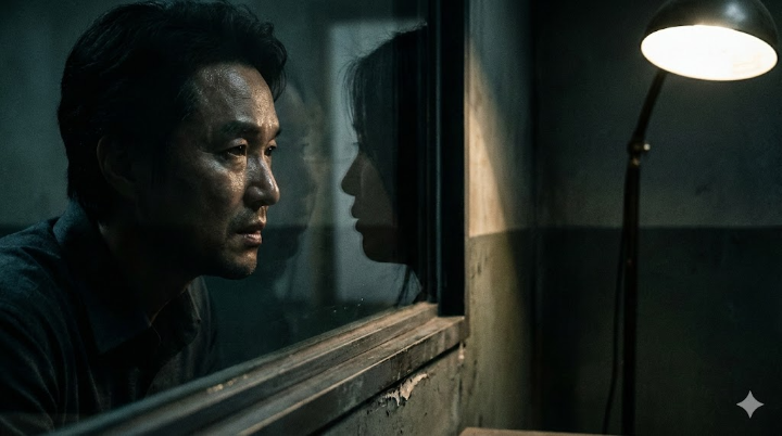 어두운 취조실, 유리창에 비친 자신의 얼굴을 보며 딸을 심문하는 한석규의 클로즈업
