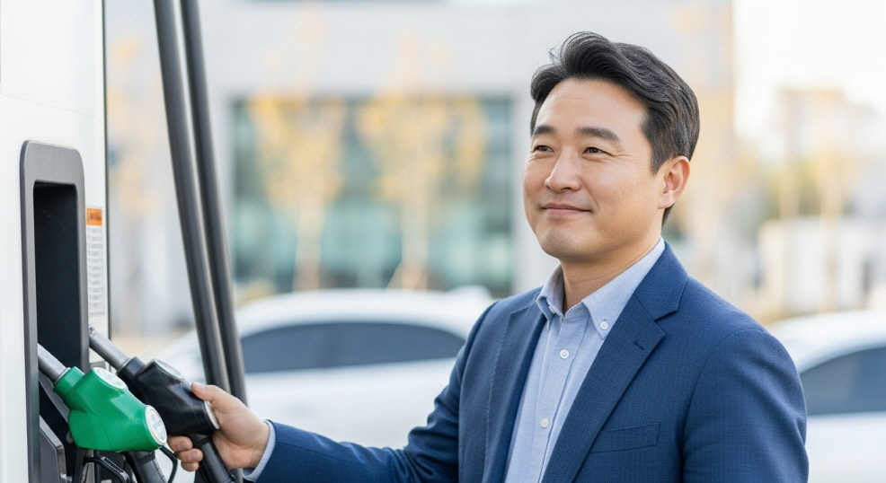 주유 후 만족스러운 표정의 남성