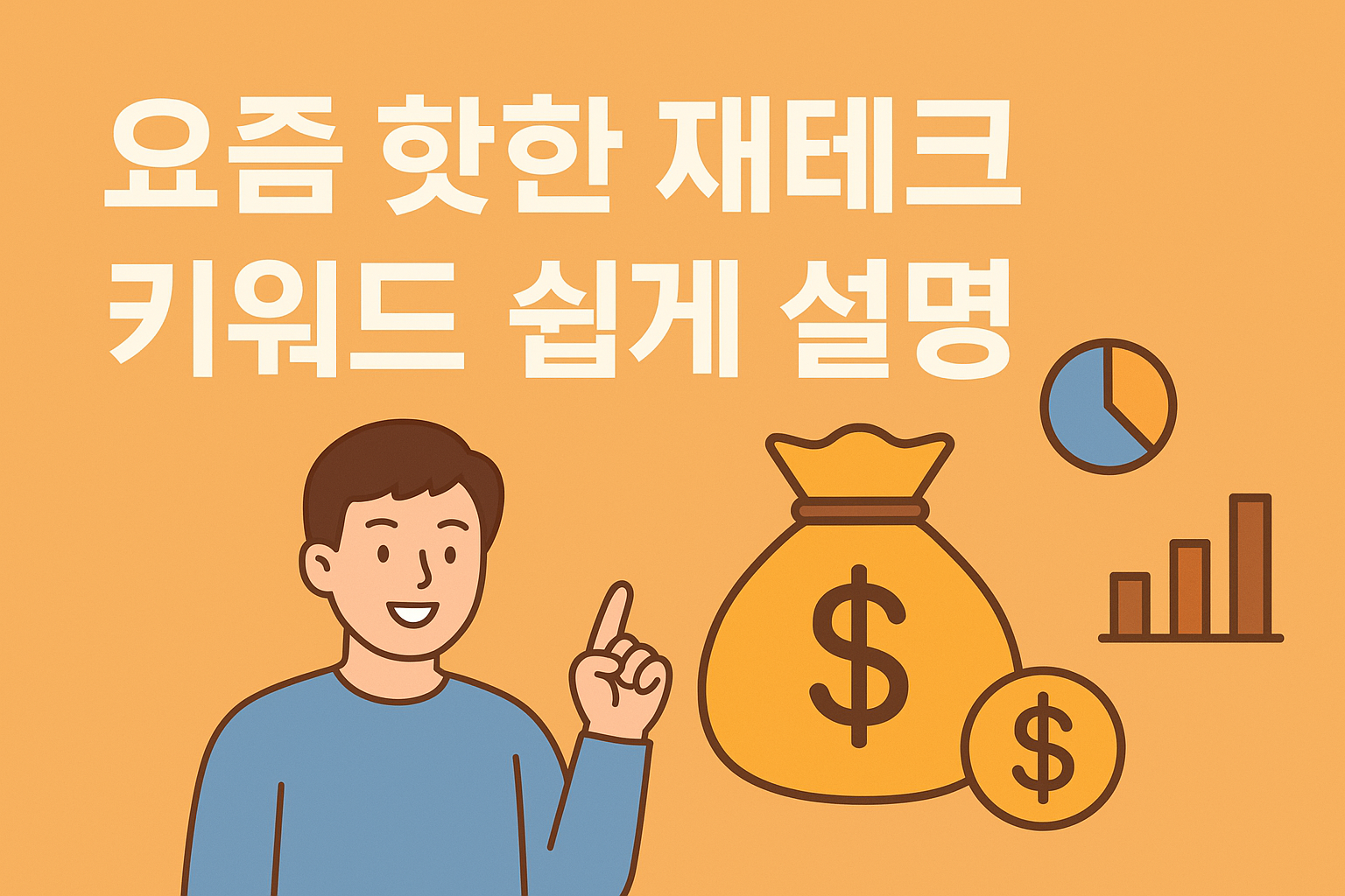 일러스트 스타일의 이미지로, 밝은 오렌지 배경 위에 미소 짓는 남성이 돈 자루와 그래프를 가리키고 있다. 중앙에는 &lsquo;요즘 핫한 재테크 키워드 쉽게 설명&rsquo;이라는 문구가 적혀 있다.