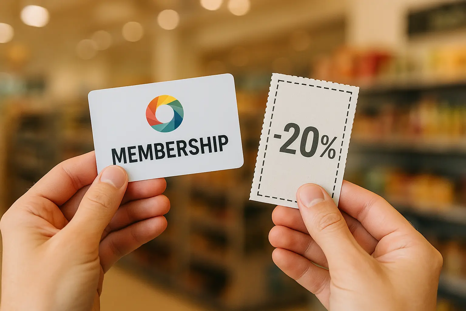 양-손에-멤버십-카드와-할인-쿠폰을-들고-어떤-할인-옵션을-먼저-사용할지-고민하는-장면