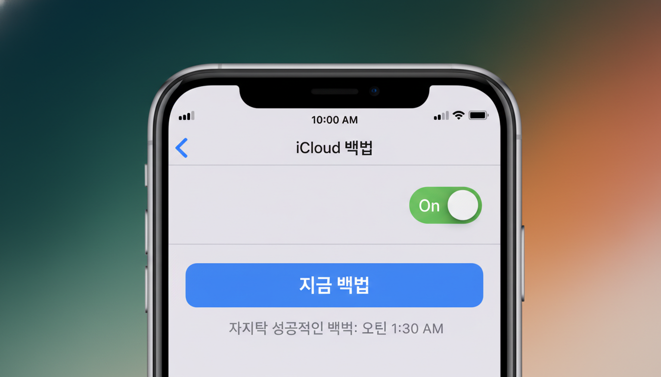 아이폰 iCloud 백업 설정 화면. '지금 백업' 버튼이 활성화되어 데이터를 백업하는 과정을 보여줍니다.