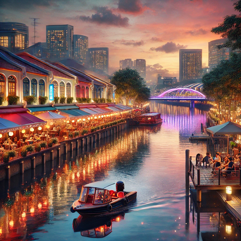 클락키 강변을 따라 펼쳐지는 야경, 노을 속 보트, 다리 위 커플, 조명이 반짝이는 레스토랑 전경