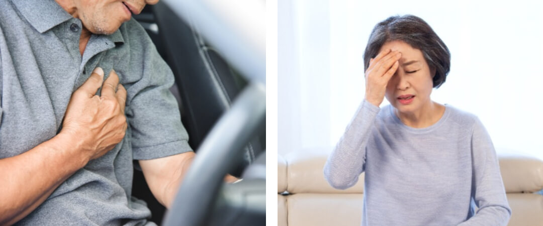 가슴을 움켜쥐고 있는 남자, 머리를 만지며 고통스러워 하는 여자