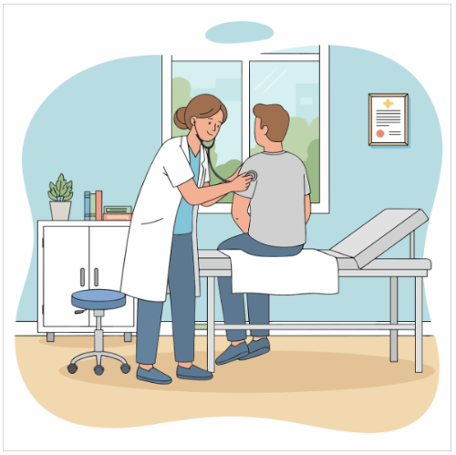 의사가 진료실에서 남성 환자의 등을 청진기로 검사하는 건강검진 장면 일러스트 이미지