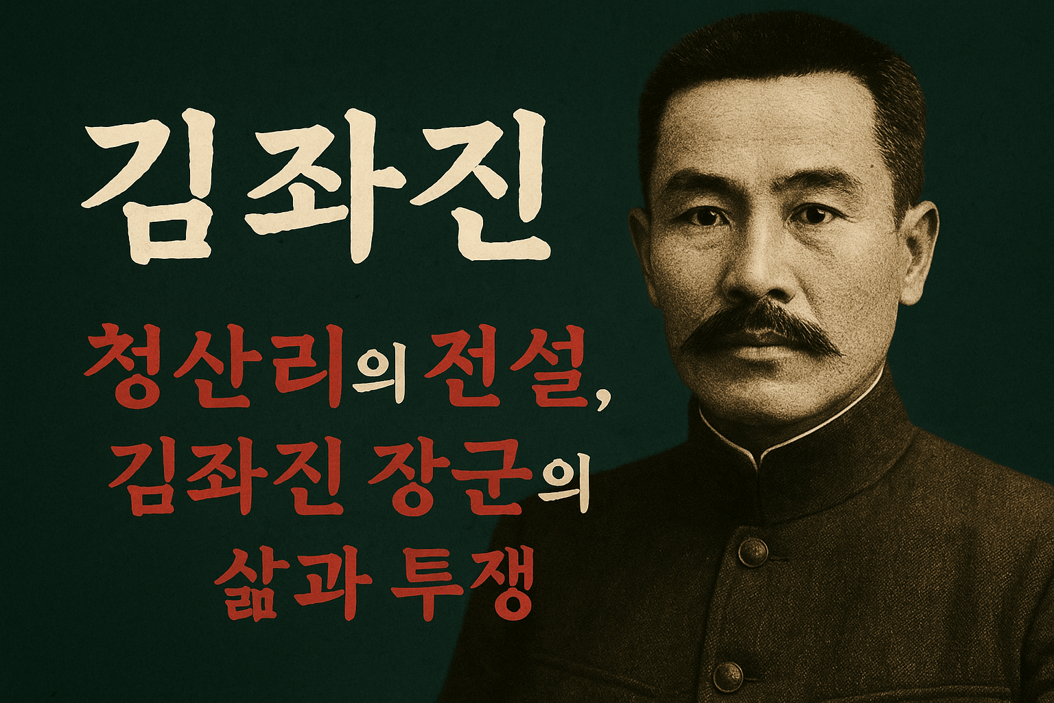 검은 배경 위에 김좌진 장군의 단호한 흑백 초상화가 중앙에 배치되어 있고, 왼쪽 상단에는 붓글씨 느낌의 흰색 글씨로 “김좌진”, 이미지 하단에는 붉은색 텍스트로 “청산리의 전설”이라는 문구가 배치되어 있음. 전체적으로 강렬하고 묵직한 분위기로 독립운동의 결연함을 전달하는 이미지