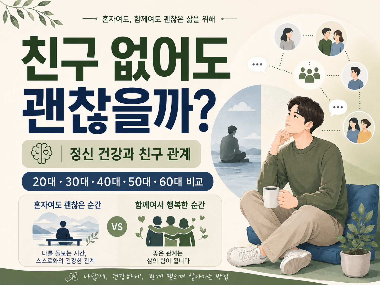 친구 없어도 괜찮을까라는 주제로 정신 건강과 친구 관계를 20대부터 60대까지 비교한 일러스트 썸네일