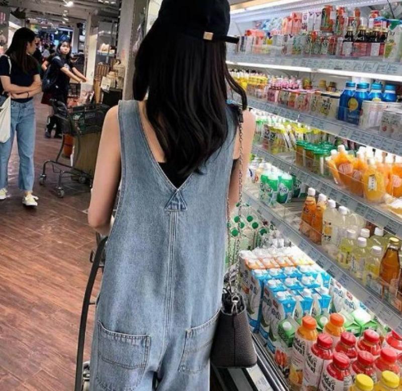 데님 멜빵 팬츠 와이드 와이드 일자 끈 나시 팬츠