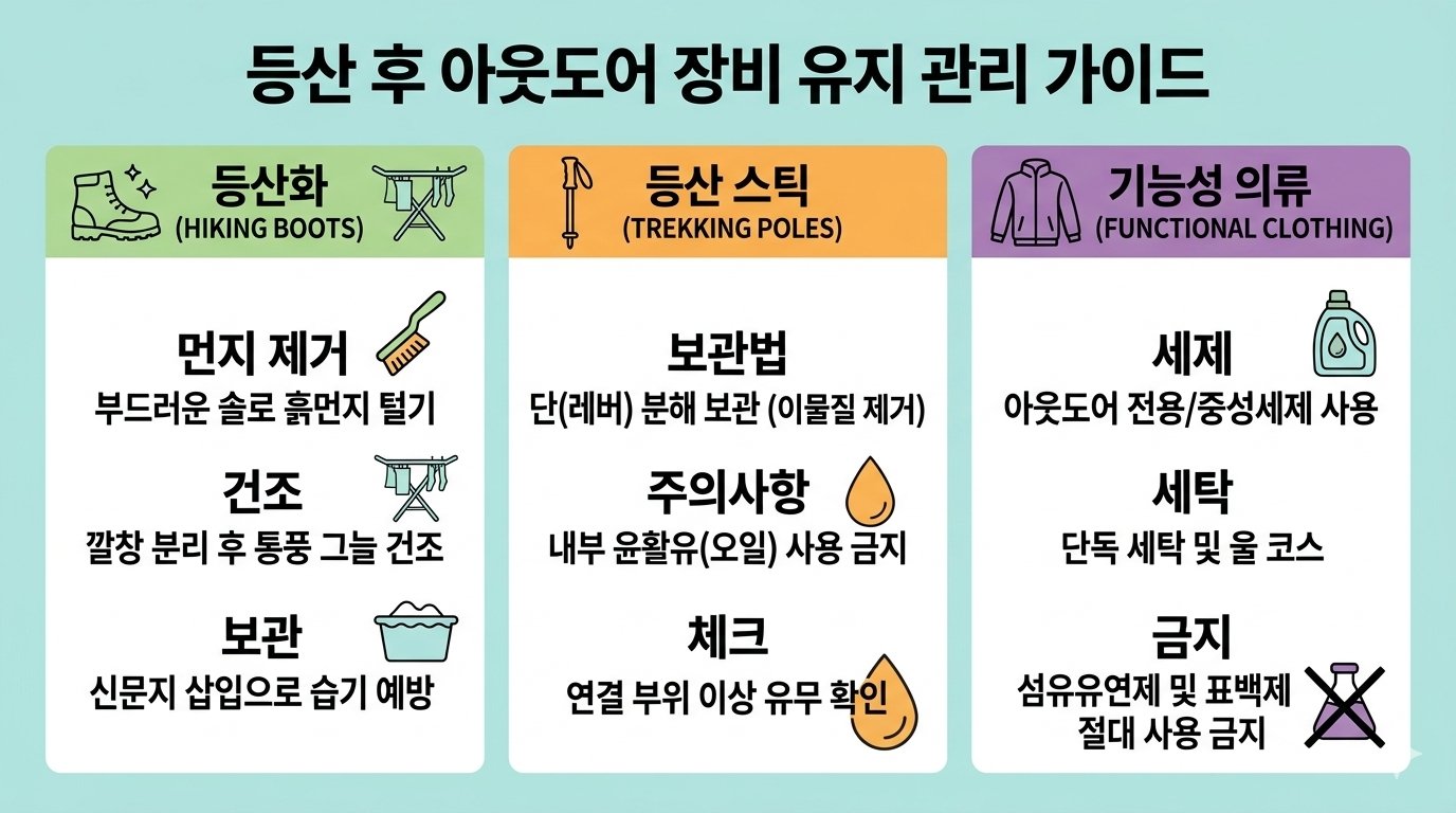 등산 후 장비 관리법 (등산화 세탁, 스틱 보관, 기능성 의류 세제)