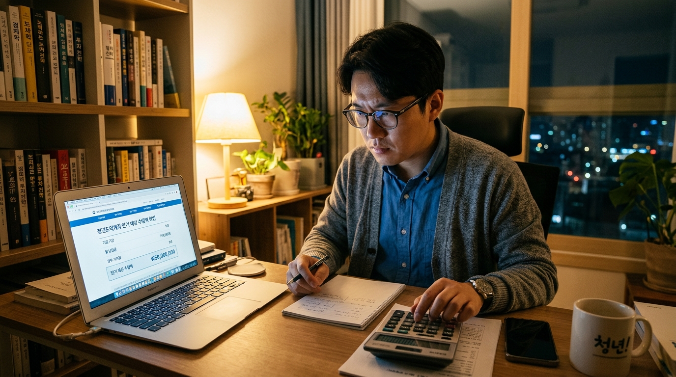 청년도약계좌 가입 3년 차 이상 청년이 만기 유지 선택 기준을 꼼꼼하게 비교하는 모습