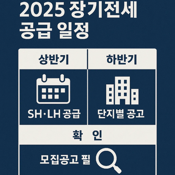 2025년 장기전세 주택공급 일정을 안내하는 인포그래픽으로, 상반기 SH·LH 공급 일정과 하반기 단지별 공고 확인 등 청약 희망자가 알아야 할 내용을 담았습니다.