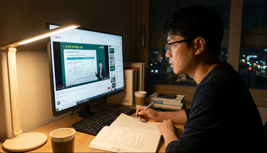 학점은행제 온라인 강의 화면을 진지하게 보고 있는 직장인