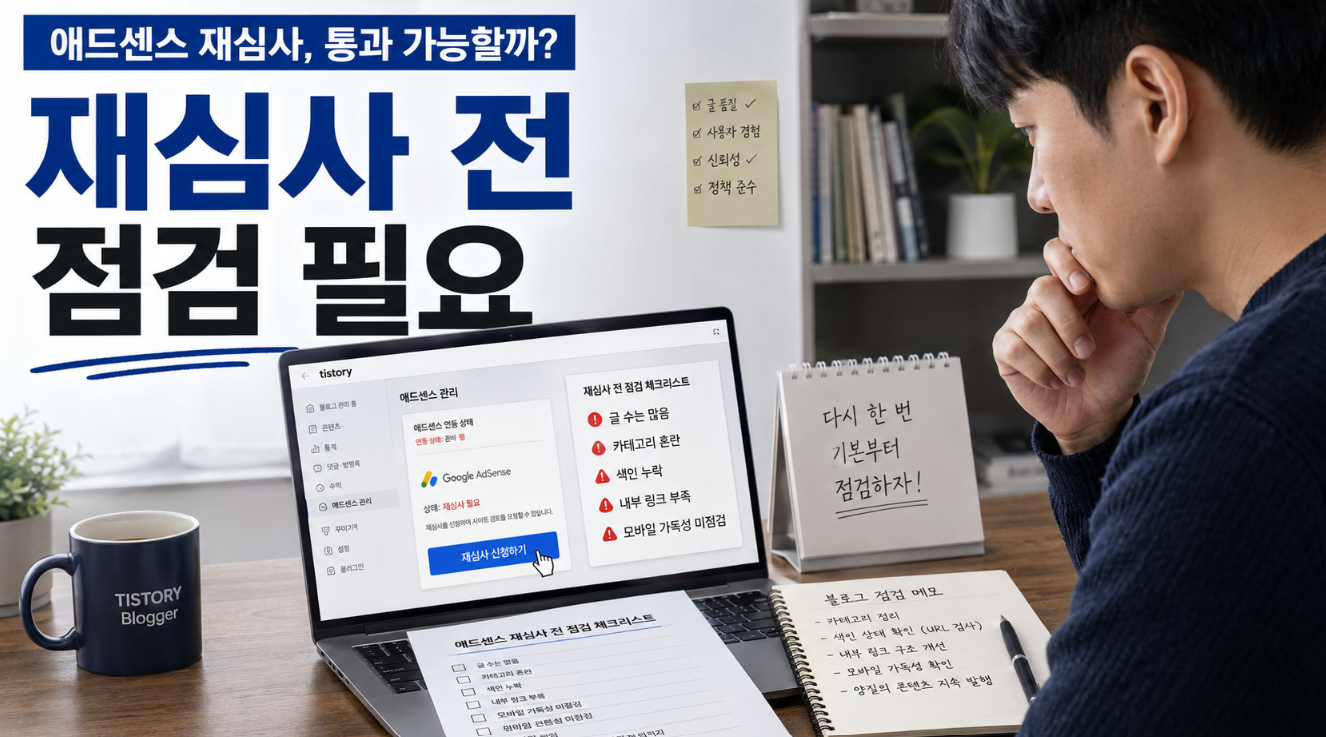 애드센스 재심사 신청 전 카테고리 색인 내부 링크 모바일 가독성을 점검하는 문제 상황 이미지