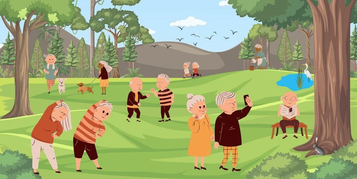 노령화 시대에 자전거를 타며 즐겁게 사는 노인들