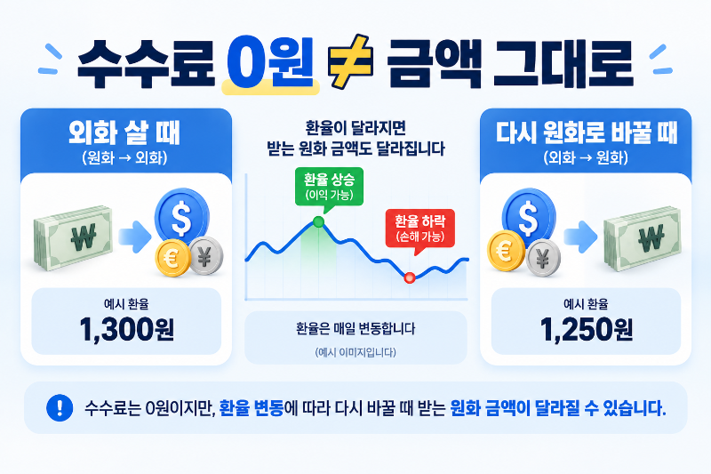환전 수수료 무료와 환율 변동에 따른 원화 환산액 차이 설명
