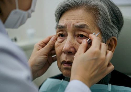안과에서 검진받는 시력 저하를 겪는 노년의 한국인 얼굴을 담은 사실적인 클로즈업 이미지