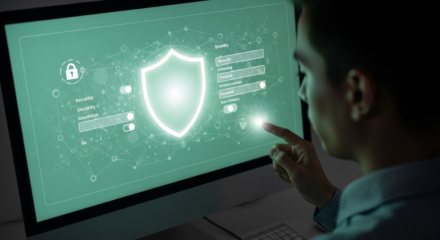 컴퓨터 화면에서 보안 설정을 꼼꼼히 확인하고 있는 사람의 모습과 튼튼한 방패 아이콘이 강조되어 있습니다. 개인 정보 보안 강화의 중요성을 나타냅니다.