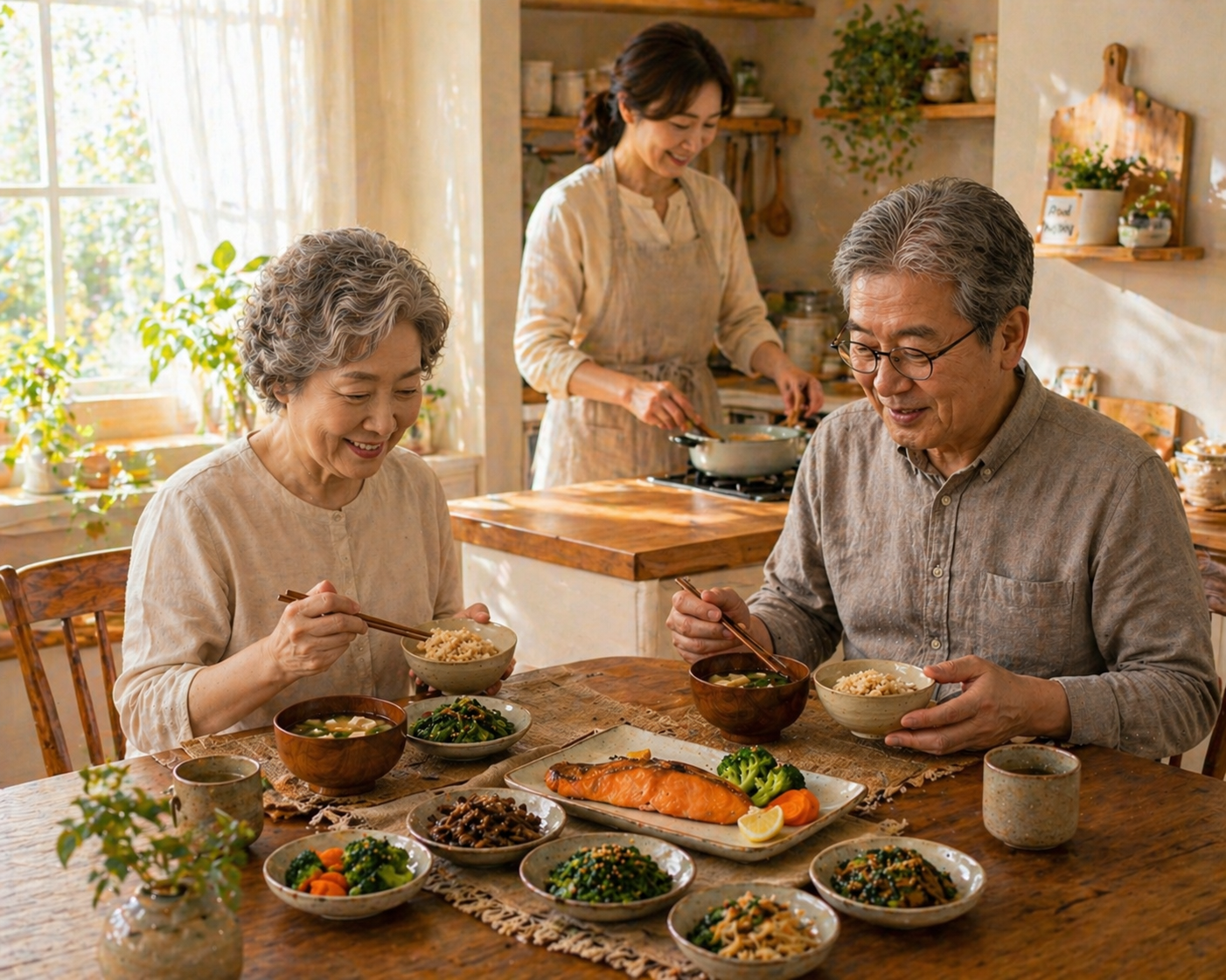 60대 노부부가 아침 햇살이 드는 식탁에서 연어와 현미밥으로 식사하고 뒤쪽 주방에서 엄마가 음식을 준비하는 따뜻한 가족 아침 장면
