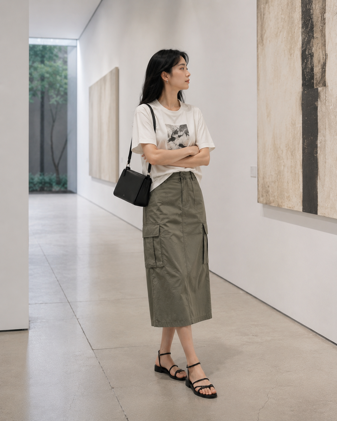 화이트 그래픽 티셔츠 + 올리브 카고 미디스커트처럼 색과 아이템을 연결해 전체 착장을 정돈한 코디입니다.
