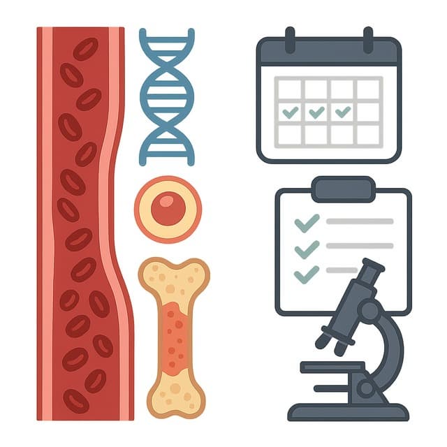 혈관과 골수 이미지를 반반 배치하고 왼쪽에는 DNA 이중나선과 조혈모세포 아이콘, 오른쪽에는 달력과 체크리스트, 현미경 아이콘이 있는 인포그래픽