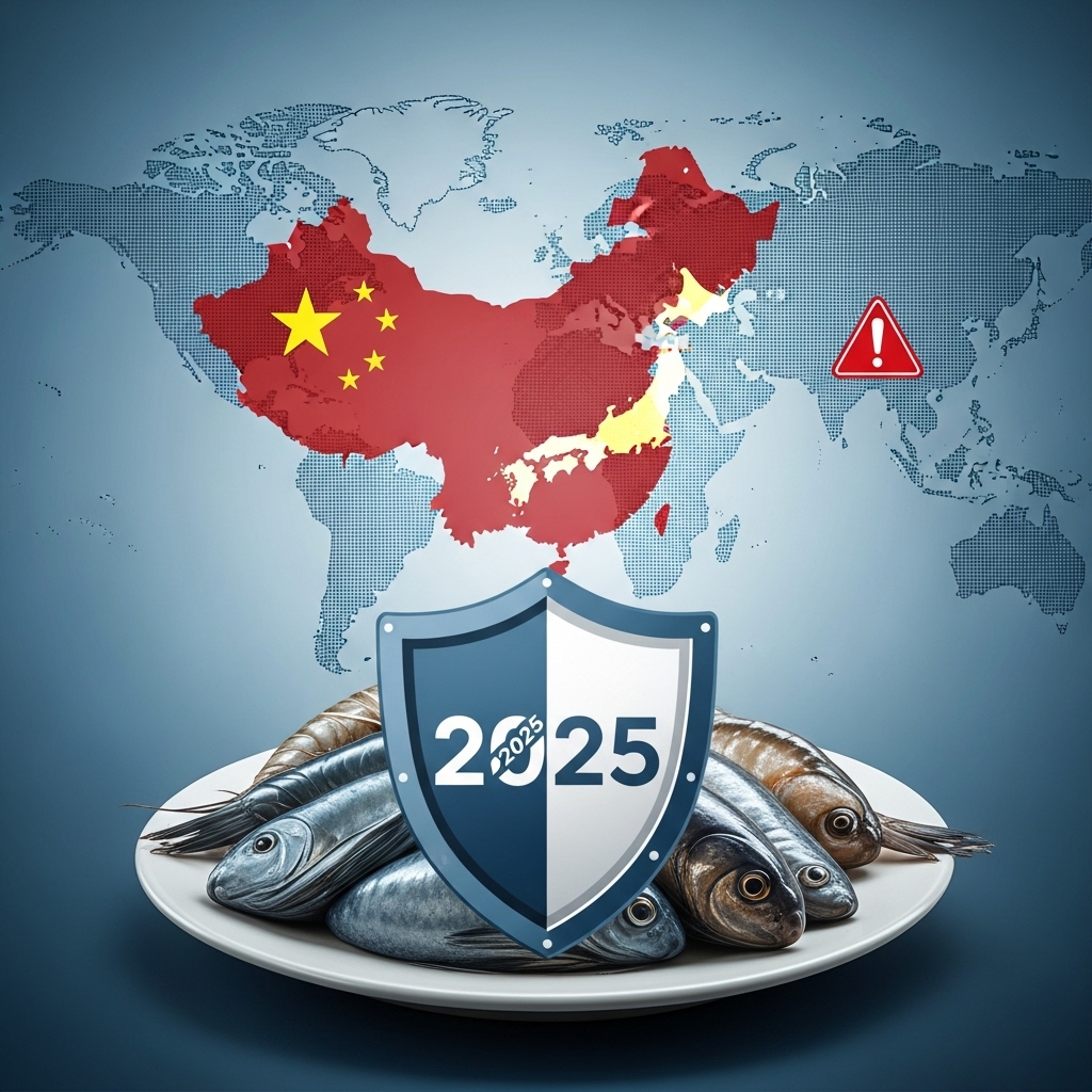 2025년 중국과 일본 수산물 안전 문제와 관련하여 수산물 안전 수칙을 상징하는 보호막과 신선한 해산물이 담긴 접시 이미지