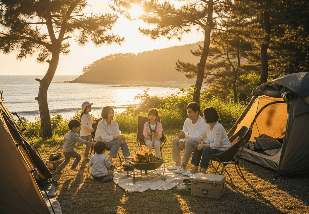 가족 캠핑하는 모습을 담은 이미지 표현