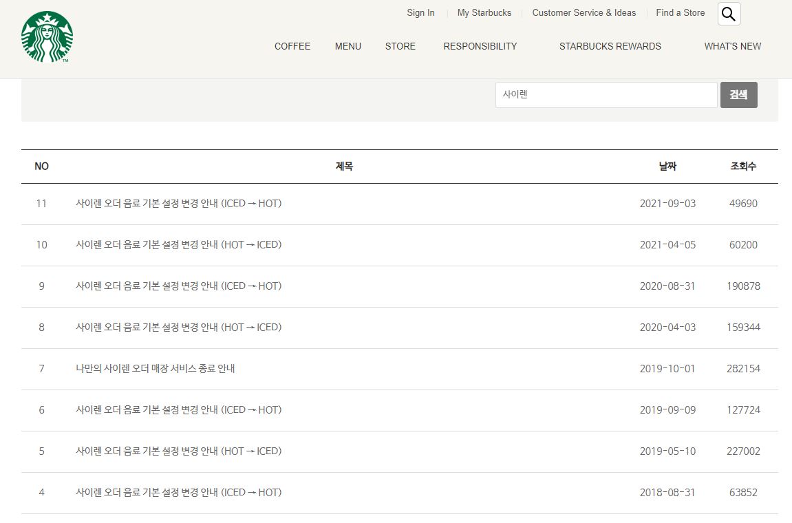 사이렌오더 음료 기본설정 변경-공지