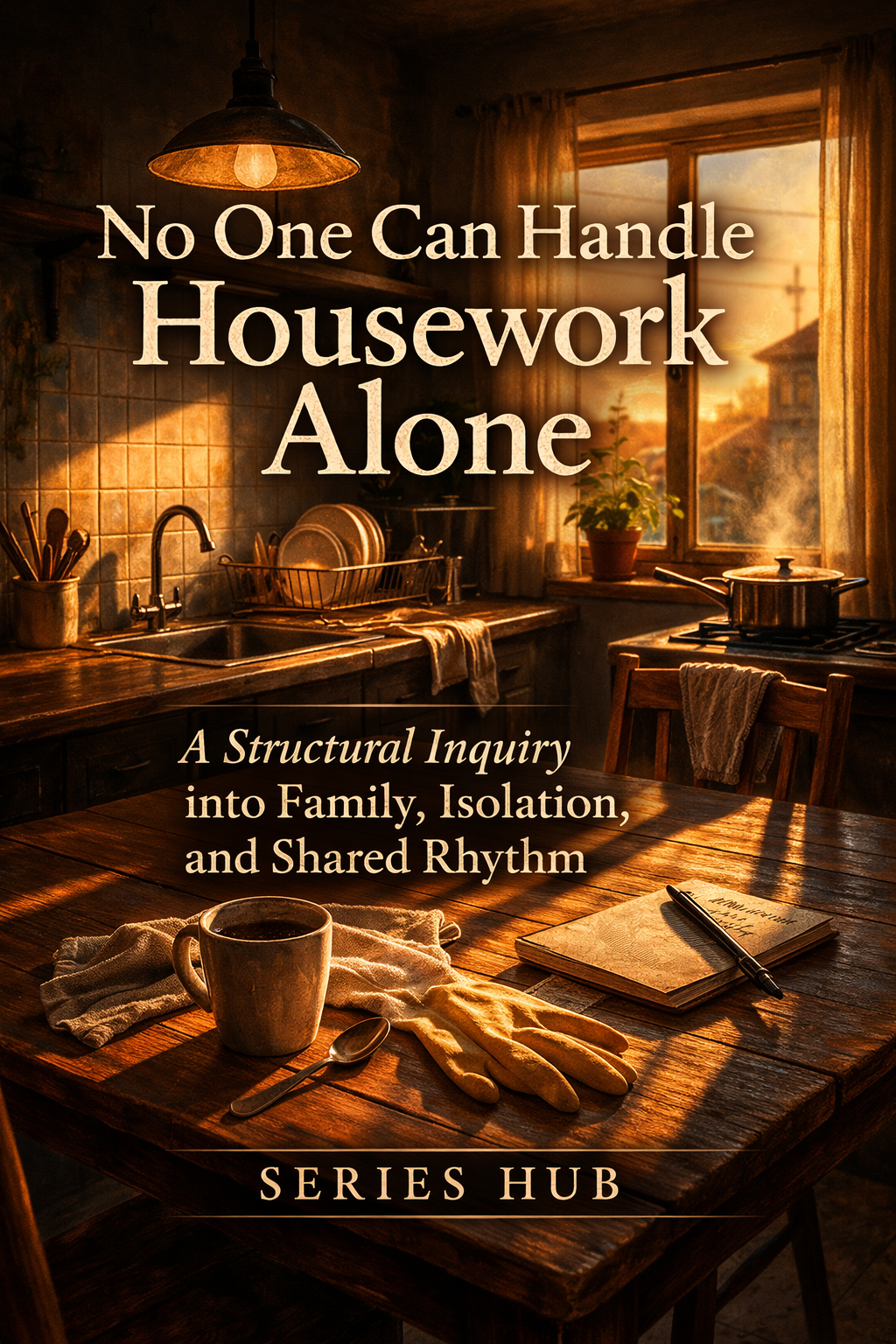 Series hub cover for "No One Can Handle Housework Alone." A warm but empty kitchen at sunset symbolizes family isolation, invisible domestic labor, and the search for shared rhythm and community.