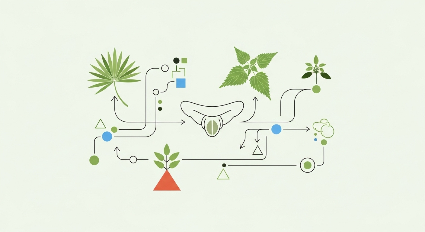 호르몬-전환-경로를-화살표-도형-전립선-아이콘-천연-식물-아이콘-등을-사용하여-상징적으로-표현한-추상적인-인포그래픽입니다.